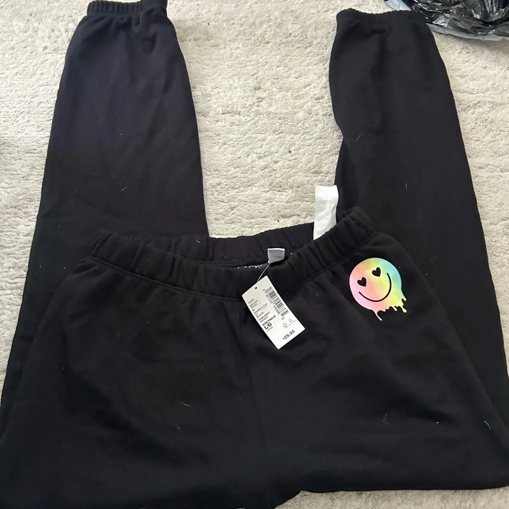 The Children’s Place Kids Black Sweatpants with Rainbow Smile Graphic NWT
